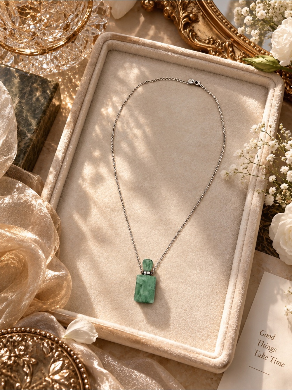 Green Stone Bottle Pendant Necklace Silver Tone Adjustable Chain